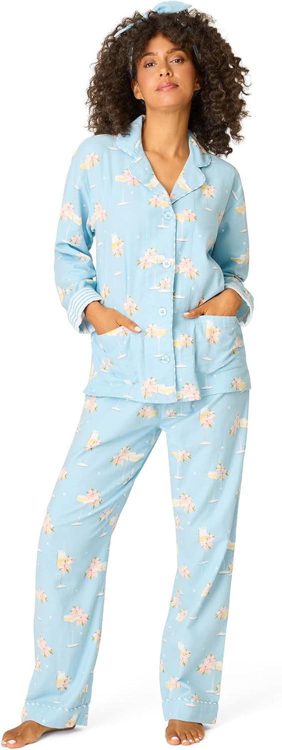 Cotton Flannel Pajama Set with Champagne Print for Women