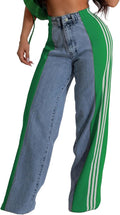 Womens High Waisted Wide Leg Striped Patchwork Jeans - Stretchy Loose