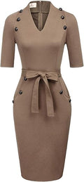 Women's Short Sleeve Bodycon Belted Business Pencil Dress - Sleek
