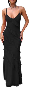 HOCILLE Women's Sexy V Neck Backless Bodycon Maxi Dress - Flattering