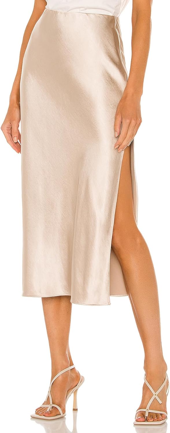 Womens Satin Silk High Waist Slit Midi Skirt for Every Occasion