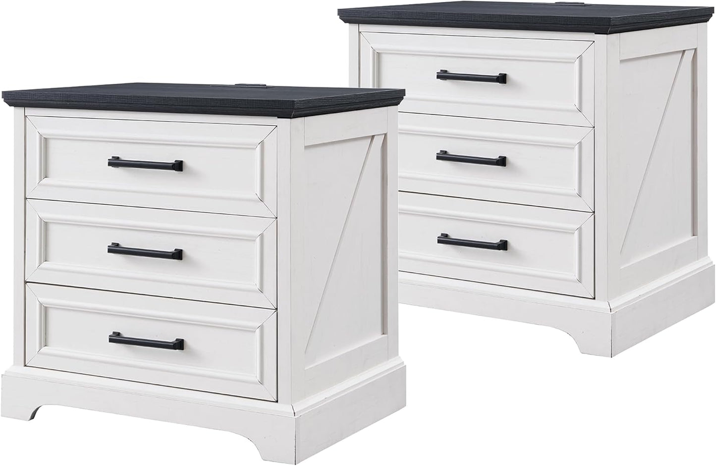 Farmhouse Nightstands Set of 2 with Charging Station & Drawers