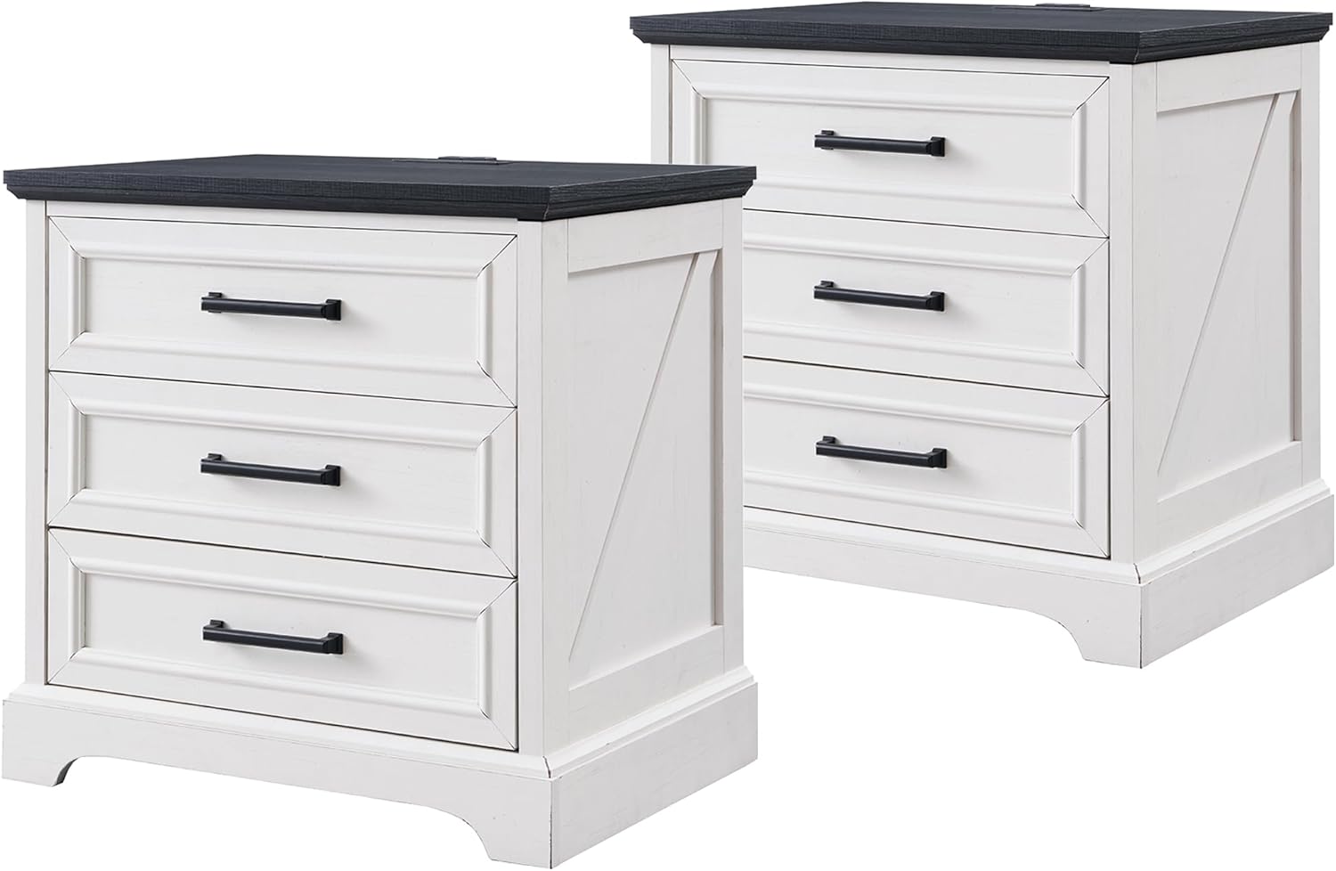 Farmhouse Nightstands Set of 2 with Charging Station & Drawers