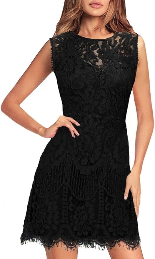 MSLG Women's Elegant Round Neck V-Back Floral Lace Dress