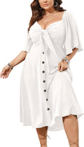 Plus Size Summer Dress Deep V Neck Smocked Button Down (Style QK3G)