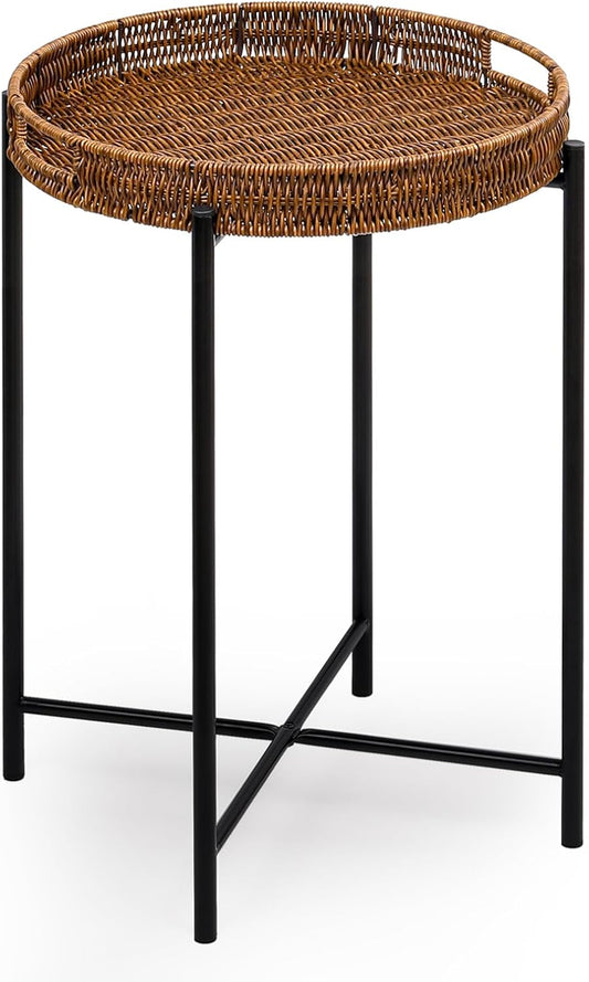 Small Wicker Round End Table for Indoor and Outdoor Use