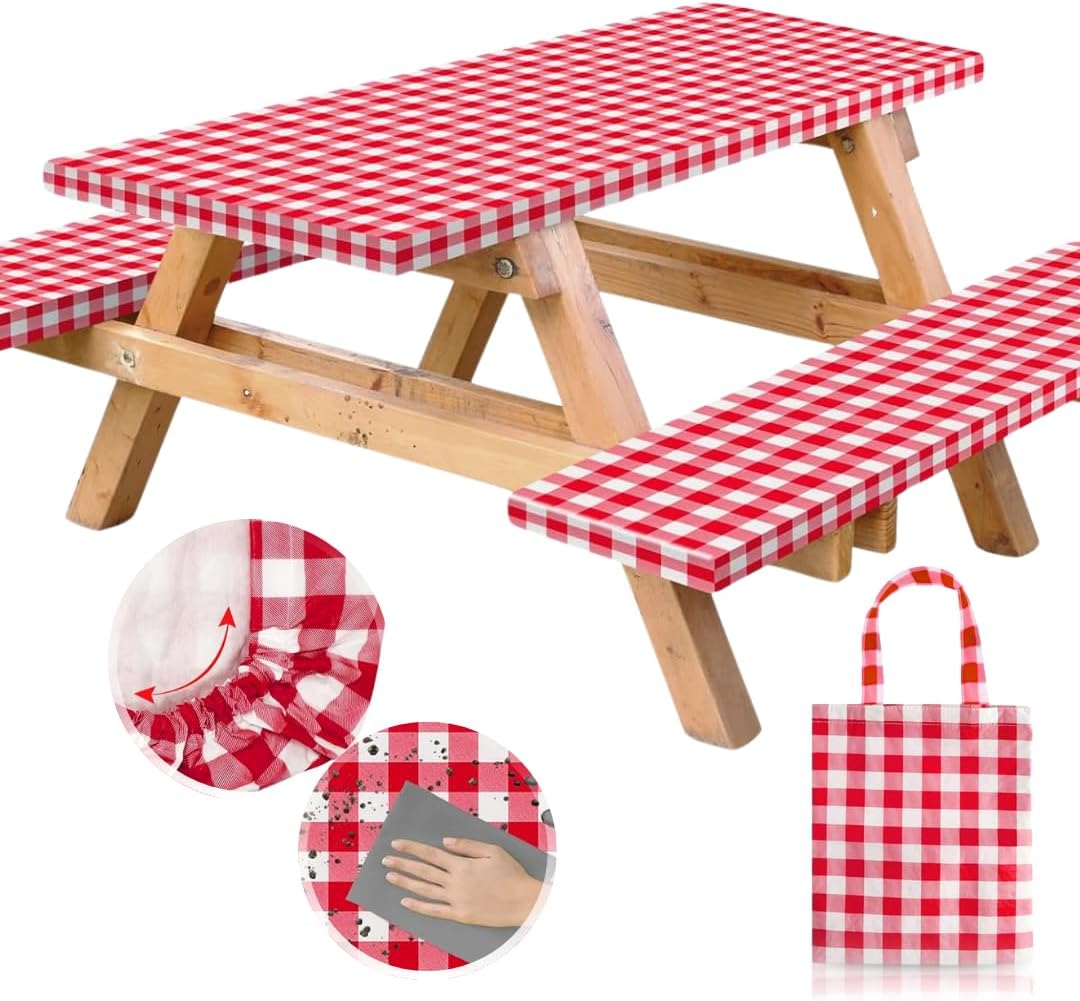 RNOONY Vinyl Fitted Picnic Table Cover Set for Outdoor Use