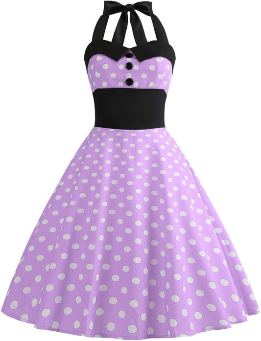 Vintage 1950s Polka Dot Halter Cocktail Swing Dress for Women