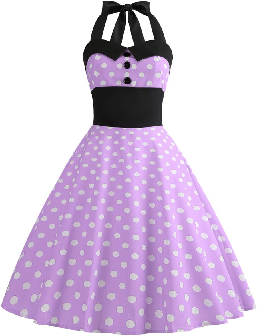 Vintage 50s Polka Dot Halter Cocktail Swing Dress for Women