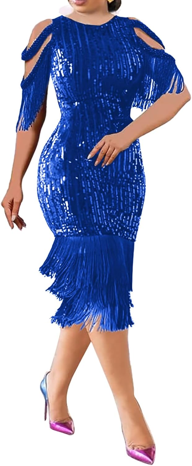 Cololura Sexy Elegant Women Sequin Bodycon Midi Dress for Parties
