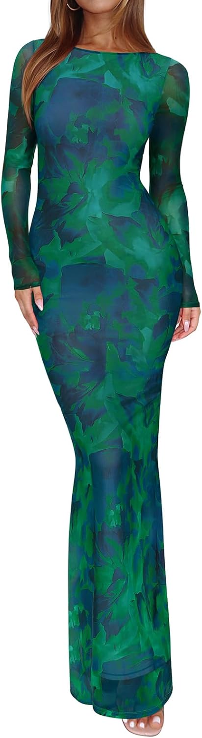 REORIA Women's Fall Mesh Sheer Long Sleeve Wedding Guest Dress