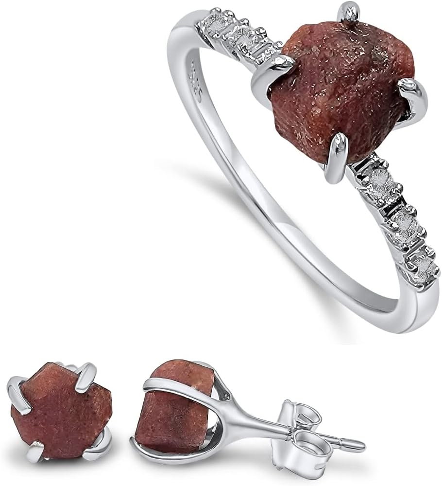 Raw Stone Stud Earrings and Dainty Ring Jewelry Set Gift