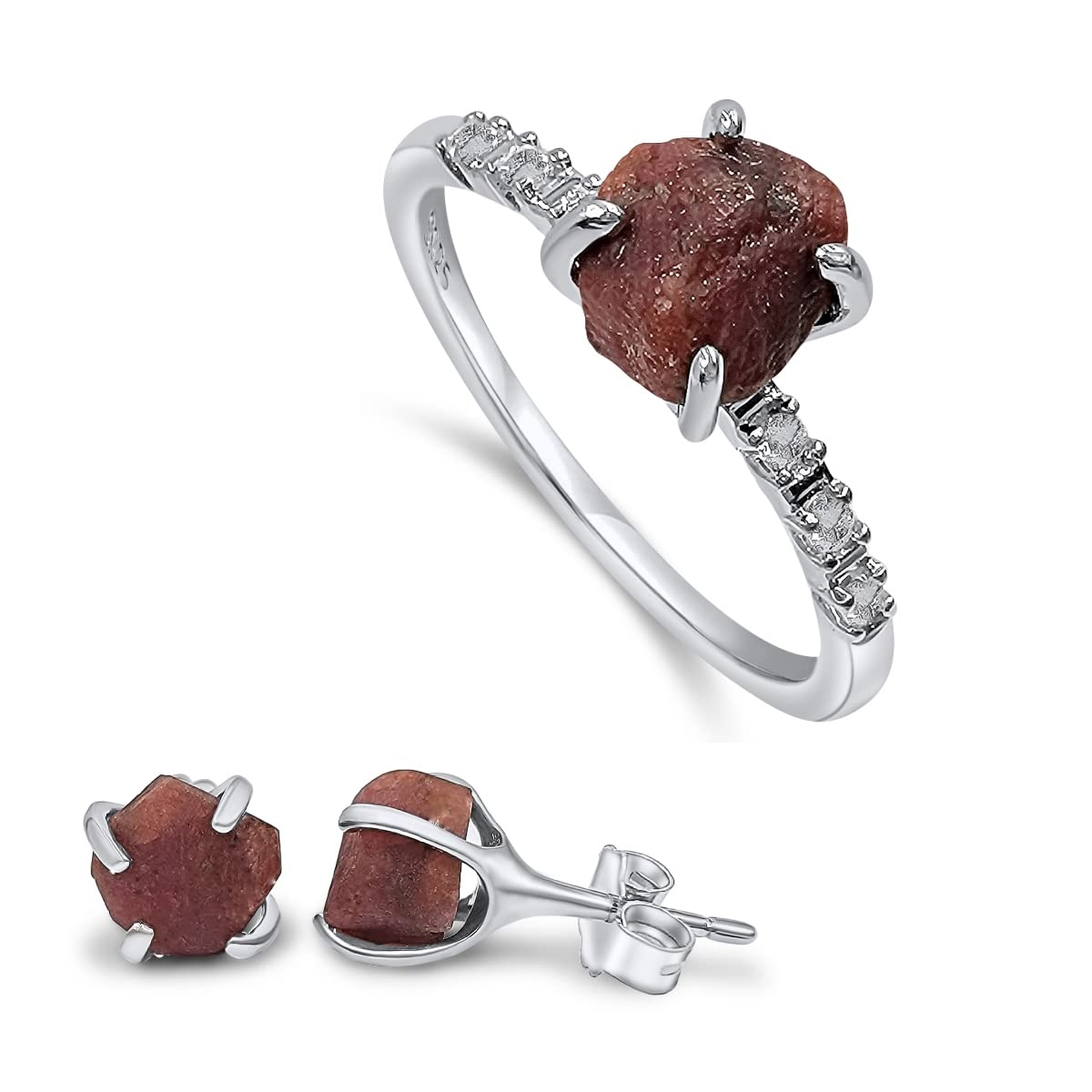 Real Raw Ruby Stud Earrings and Dainty Ring Jewelry Set Gift