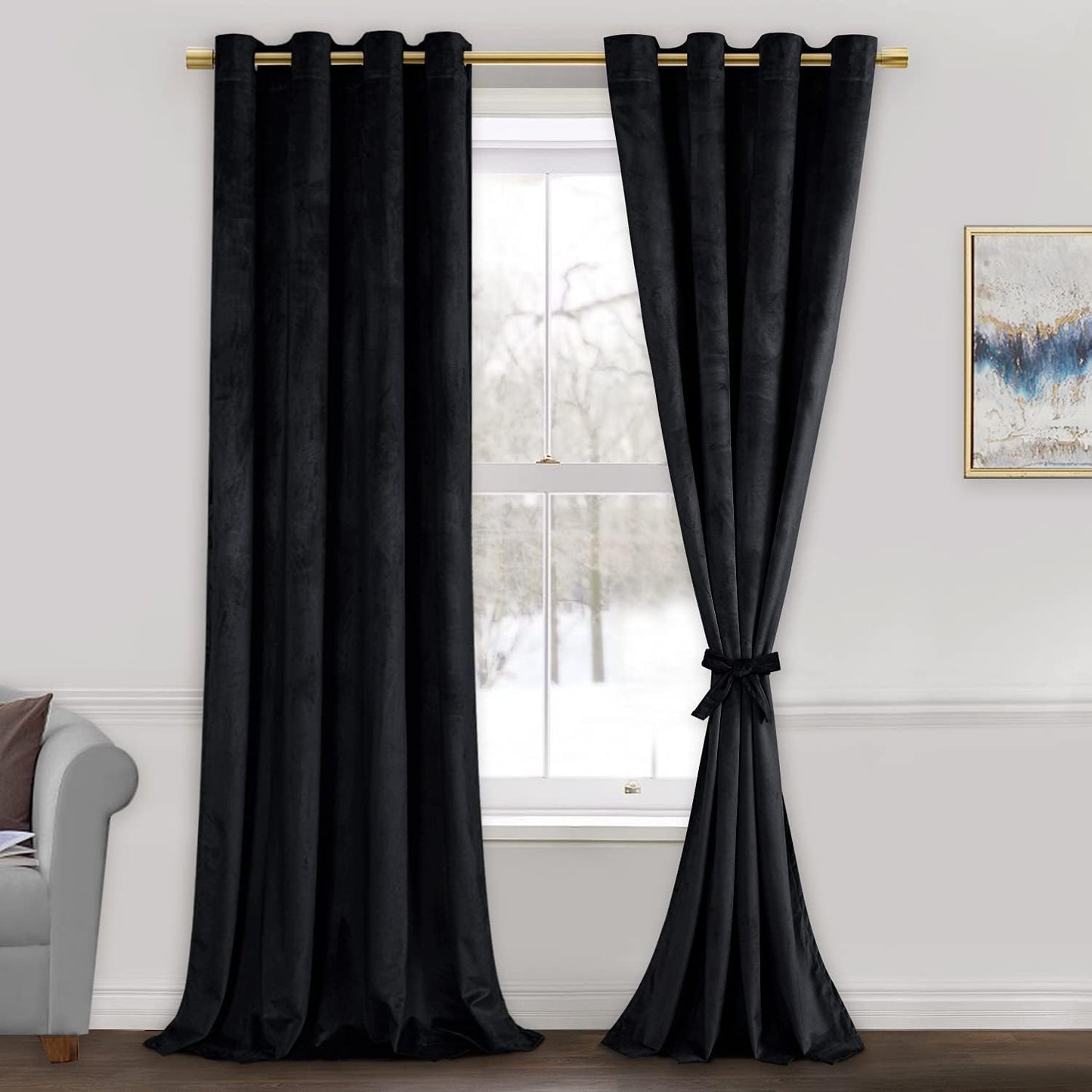 JIUZHEN Black Velvet Curtains - 96 Inches Long Thermal Insulated