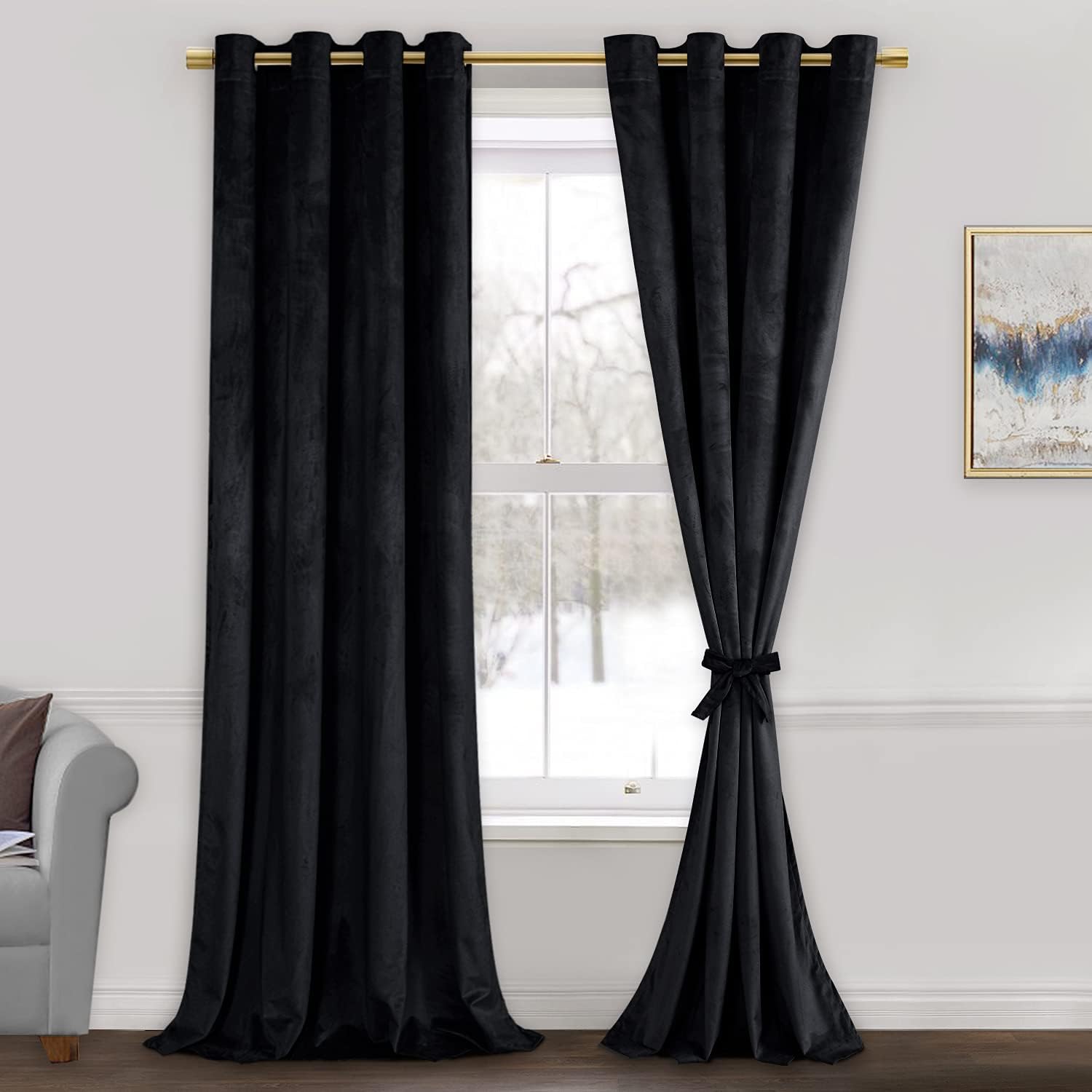 JIUZHEN Black Velvet Curtains - 96 Inches Long Thermal Insulated