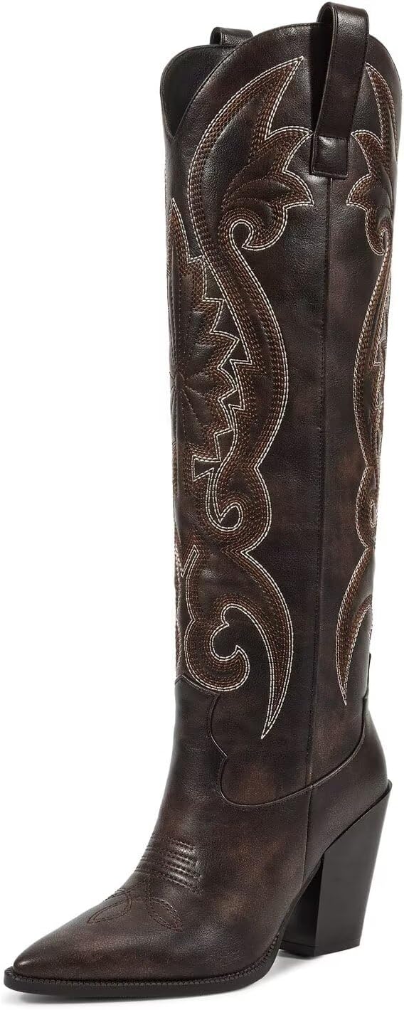 ISNOM Womens Cowboy Knee High Boots with Embroidered Design