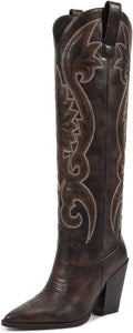 Cowboy Knee High Boots Womens Embroidered Chunky Heel - Comfortable