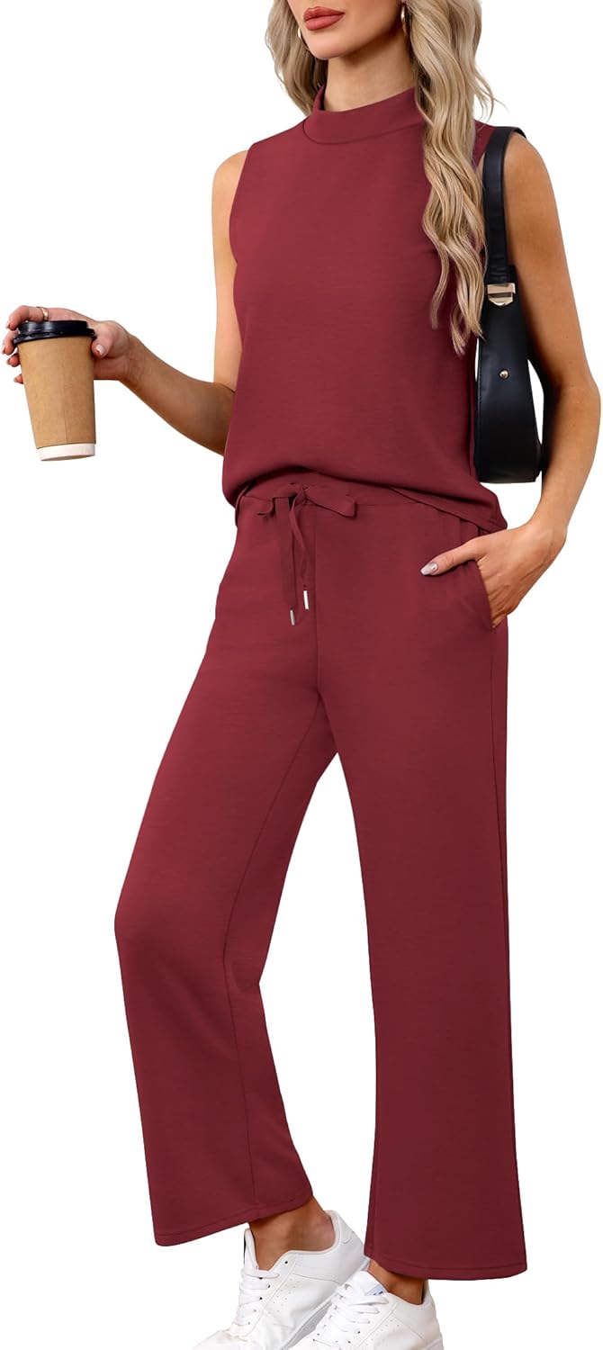 Women's Summer 2 Piece Outfits Mock Neck Tank Top Lounge Set