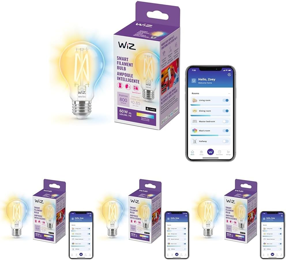 WiZ Clear 60W A19 Tunable White Filament LED Smart Bulb Pack