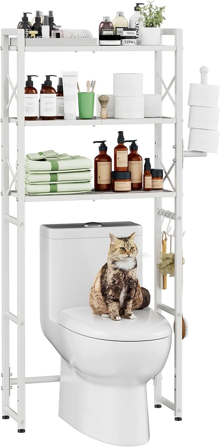 Over The Toilet Storage Rack with Hooks and Toilet Paper Holder