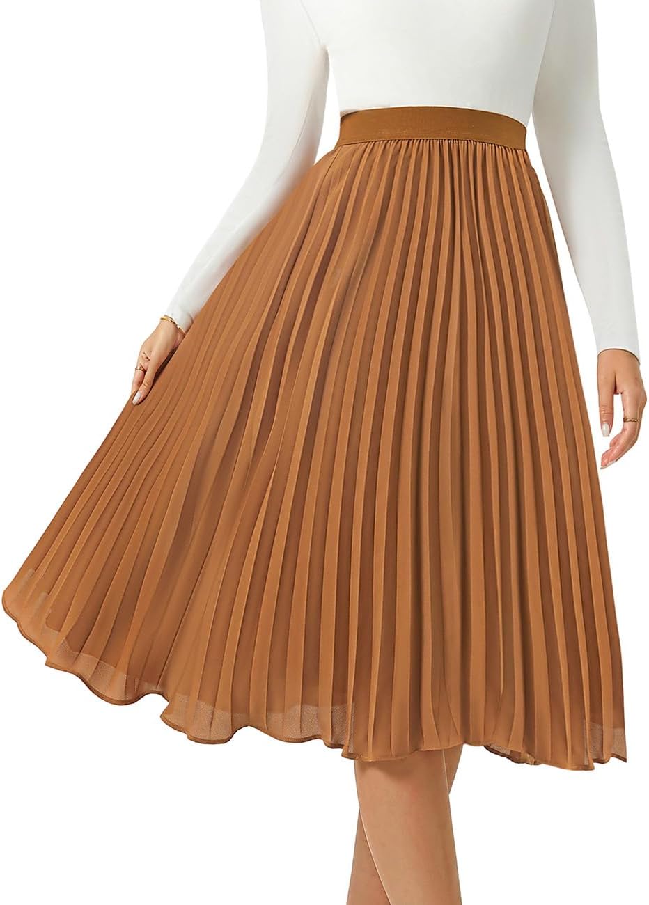 Women's Midi Skirt Elastic High Waist Pleated A-Line Casual