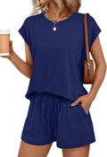 Womens Crew Neck Two Piece Short Sets - Breathable Summer Sweatset