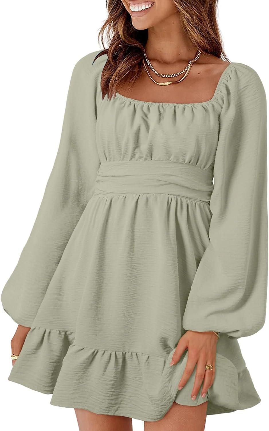 Dokotoo Womens Dress Long Lantern Sleeve Square Neck Mini Dress