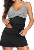 Black Stripe Womens Tankini Set with Skirt - Tummy Control