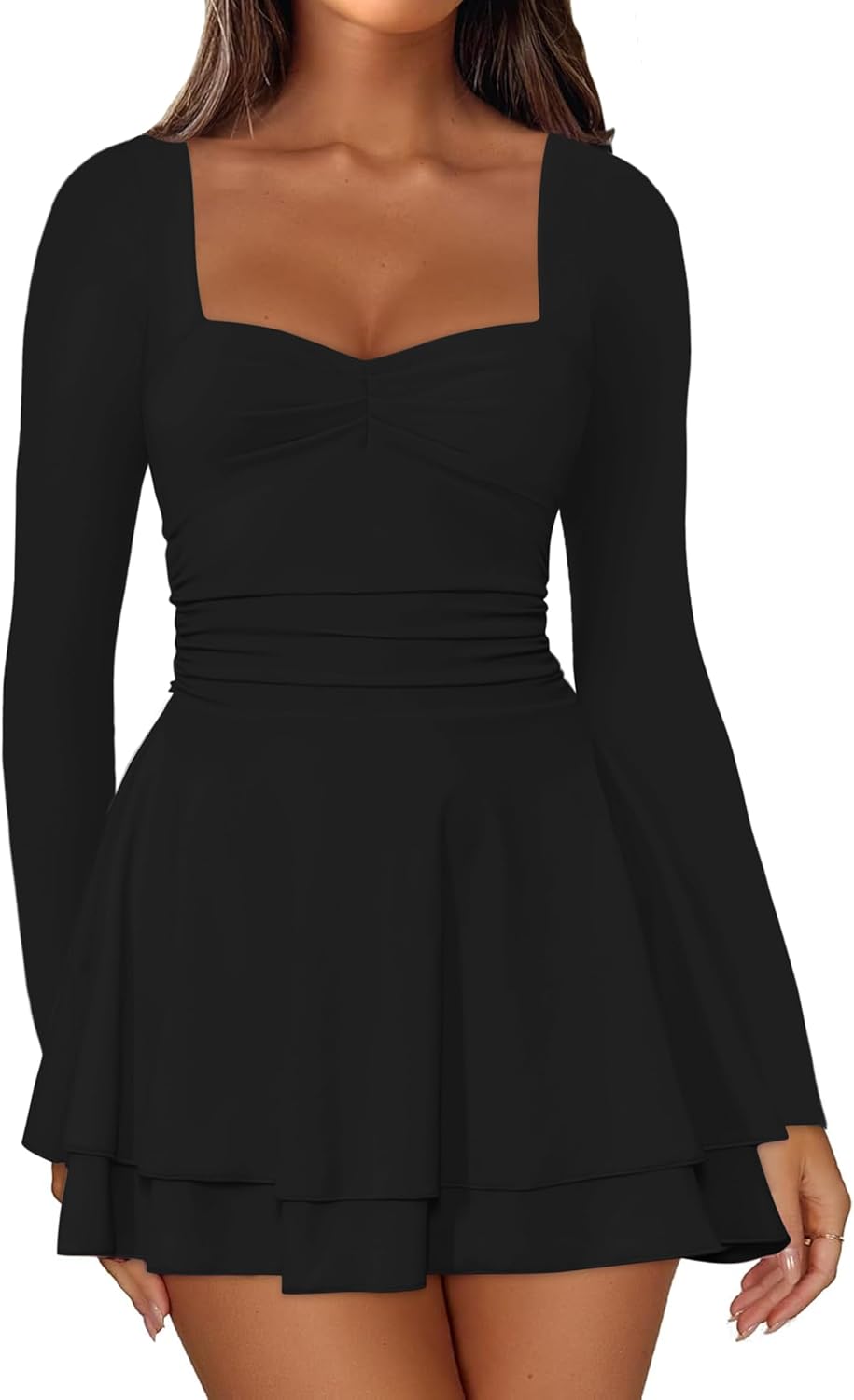 IWD Women's Square Neck Long Sleeve Mini Dress for Parties