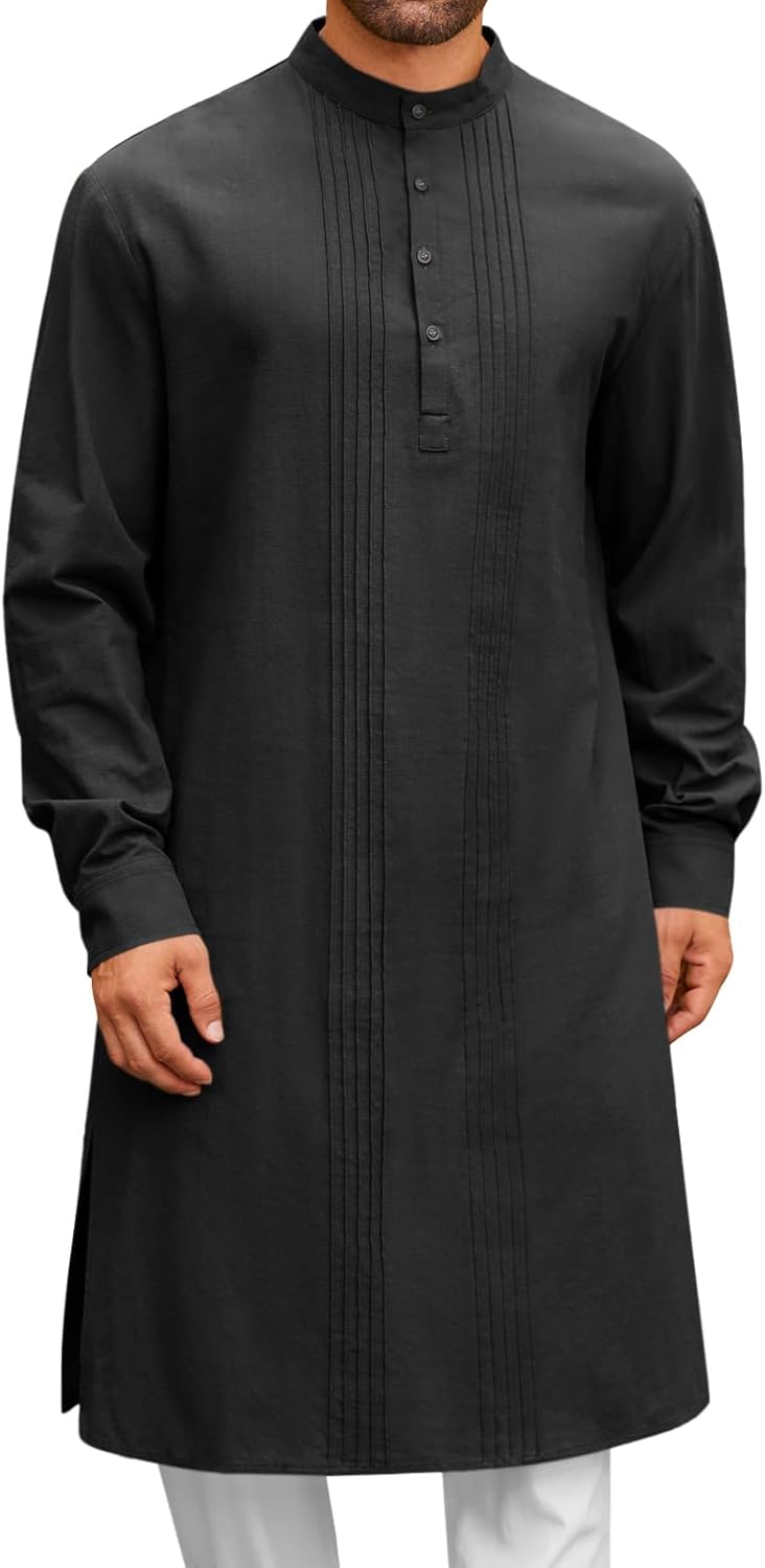Runcati Mens Kaftan Robe Button Down Long Sleeve Cotton Linen