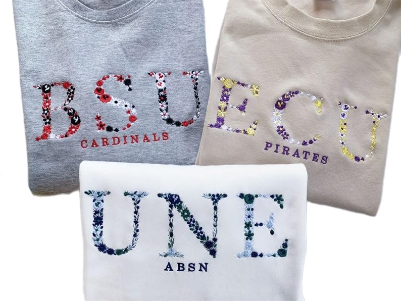 Personalized Floral University Shirt - Handmade Embroidery