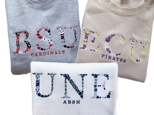Personalized Floral University Shirt - Handmade Embroidery