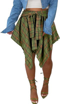 Women's Plaid Skater Skirt High Waisted Knot Front Asymmetrical Hem