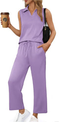 Two Piece Lounge Set Sleeveless V Neck Top with Wide Leg Pants