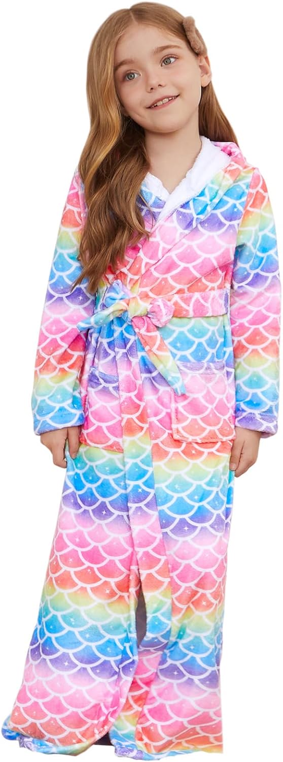 Jxstar Girls Bathrobes Plush Full Length Hooded Robes for Kids