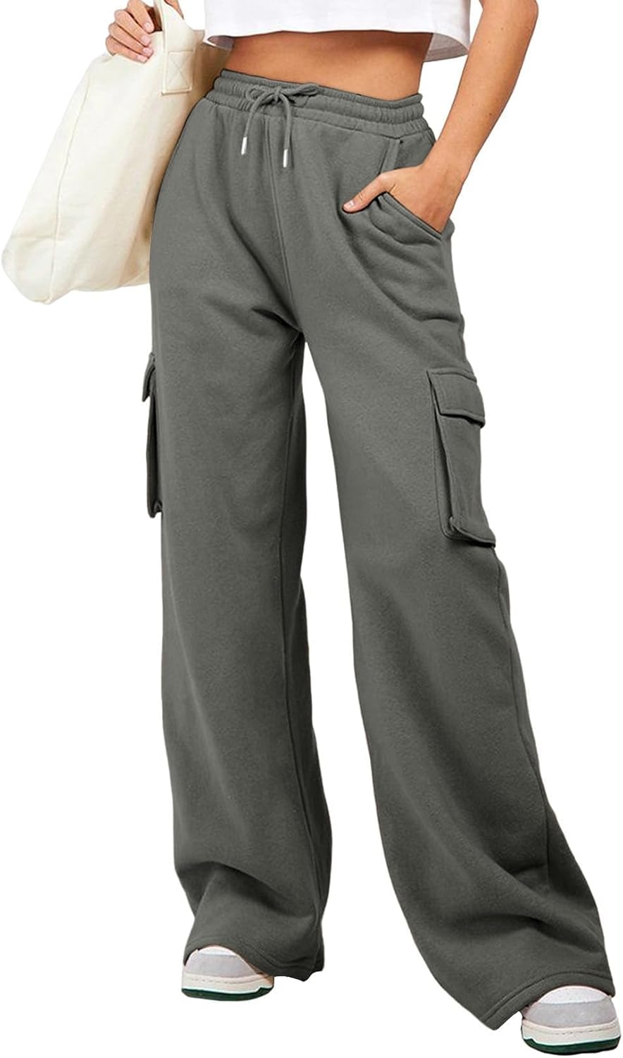 High Waisted Drawstring Wide Leg Cargo Pants for Women