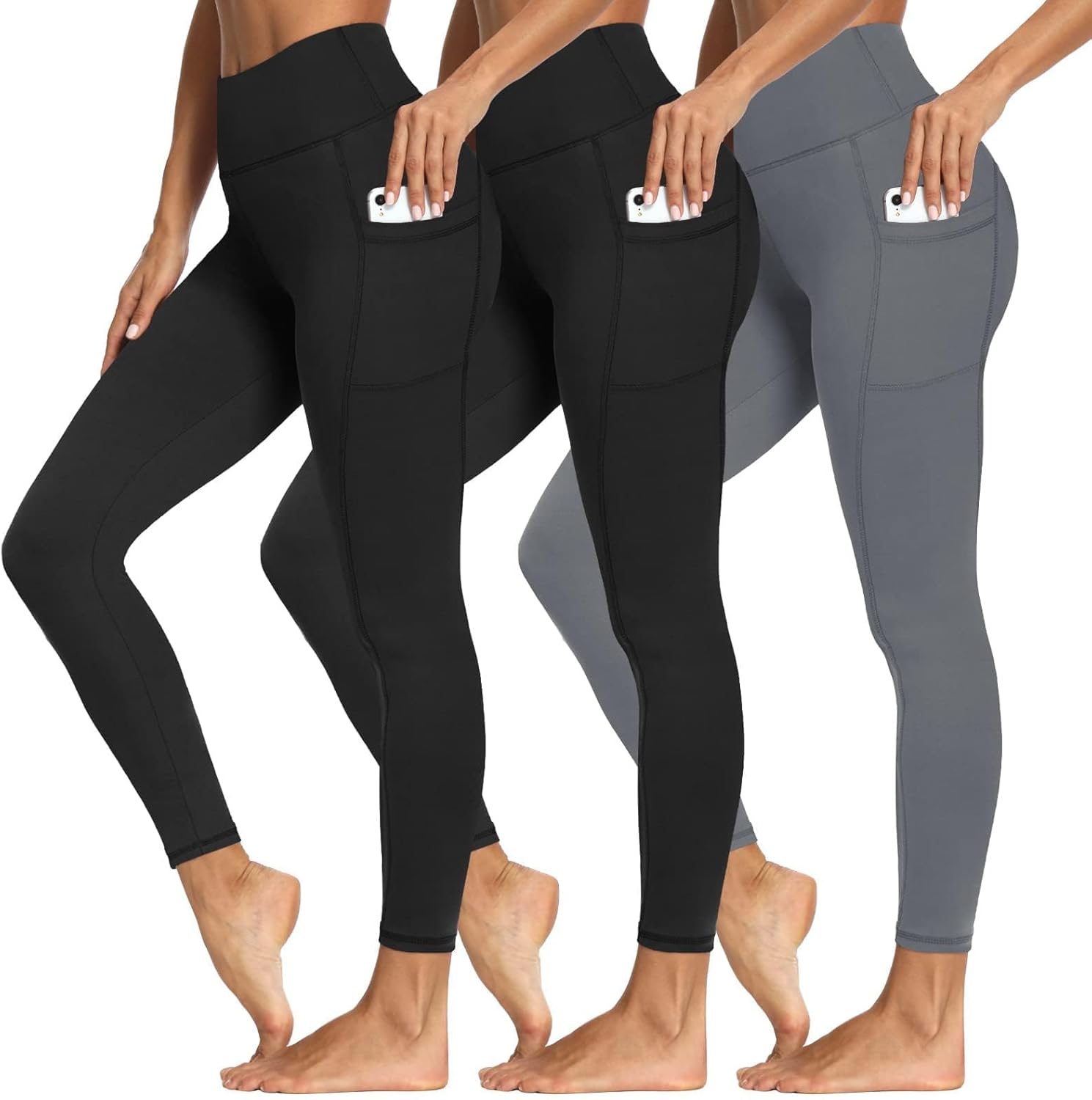 3 Packs Leggings with Pockets for Women - Soft High Waisted Pants