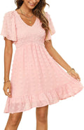 Womens Smocked Swiss Dot Babydoll Ruffle Mini Dress - Lightweight