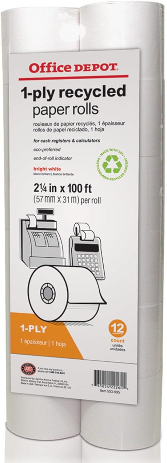 12-Pack Eco-Friendly Calculator Rolls, 100ft, 70% Recycled