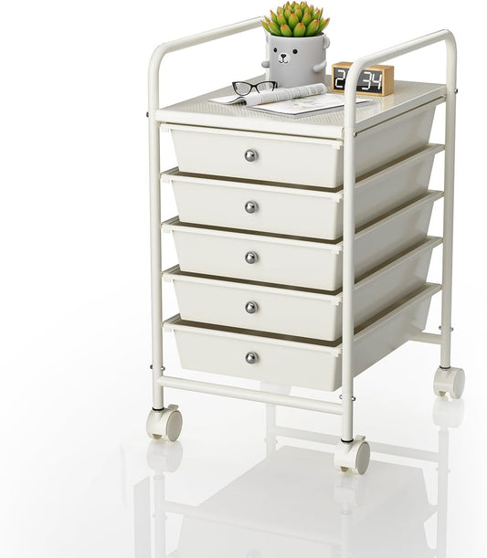 5-Tier Rolling Cart with Drawers for Office and Kitchen Use