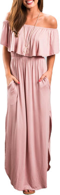 Womens Off The Shoulder Ruffle Maxi Dress with Pockets - Long Beach