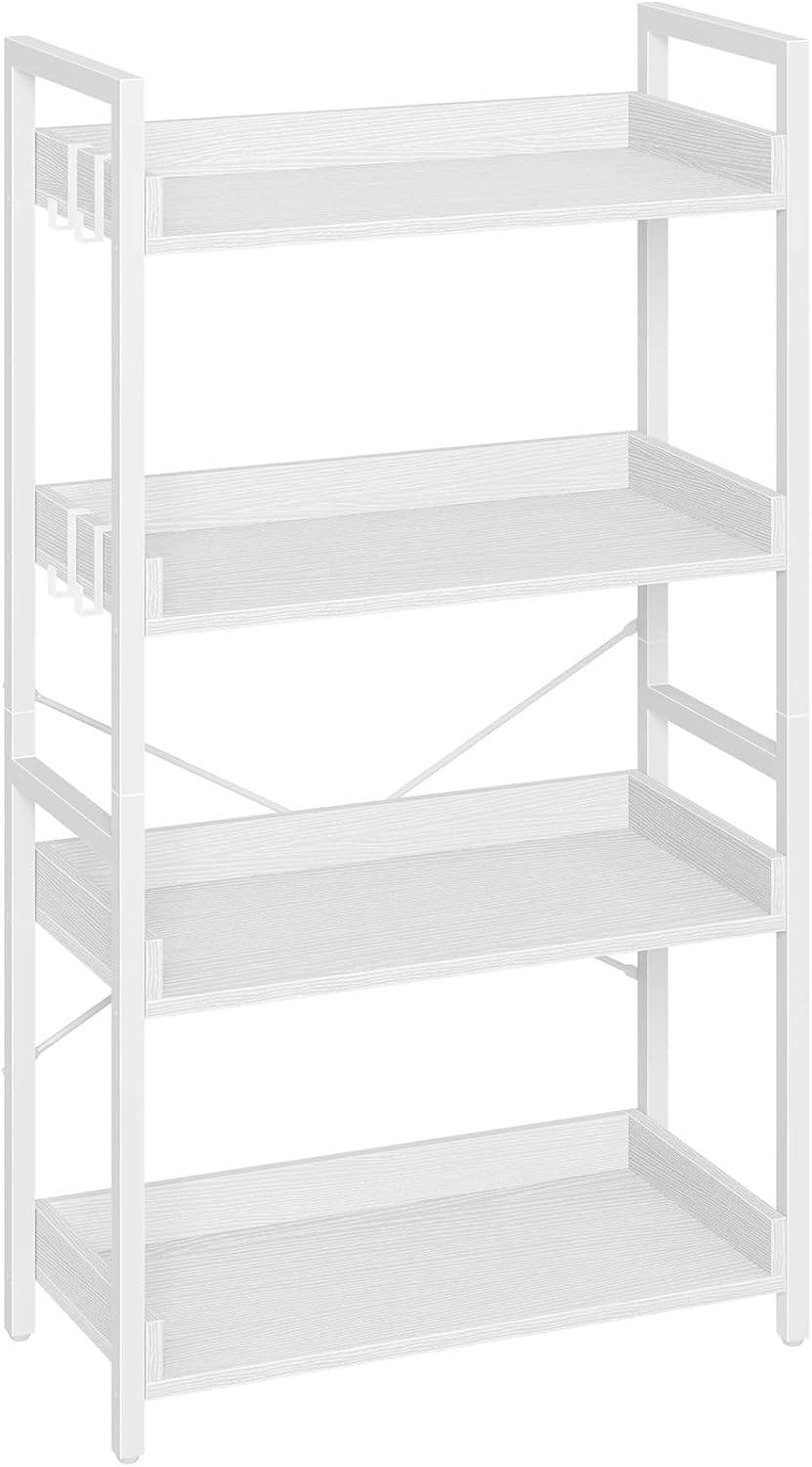 Rolanstar 4 Tier Industrial Wood Bookcase with Hooks for Storage