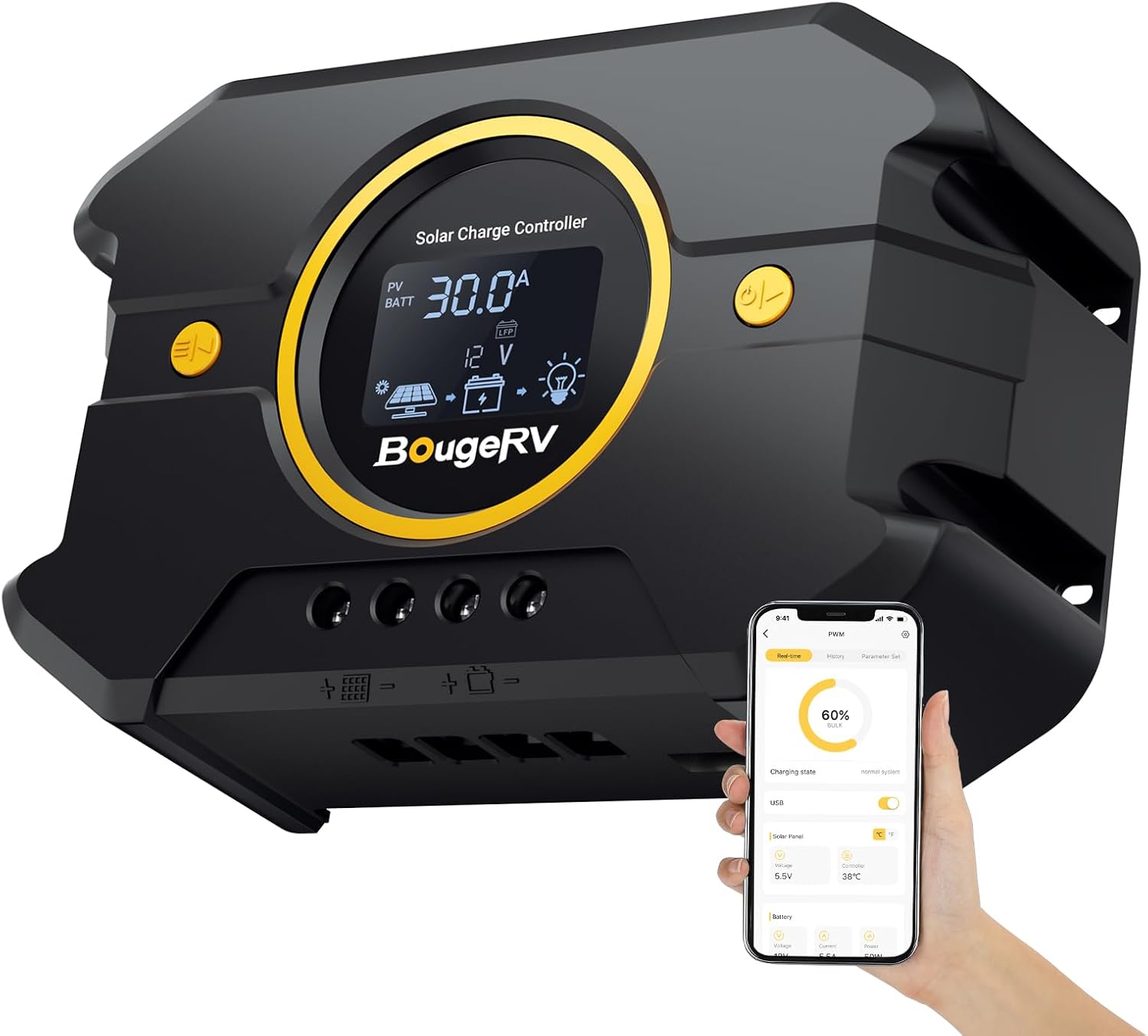 BougeRV Li 30A PWM Solar Charge Controller for RV Off-Grid Use