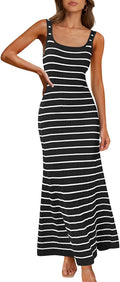 Sleeveless Summer Tank Dress Striped Bodycon Maxi - Flattering Fit
