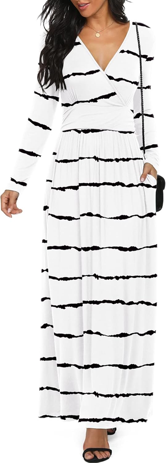 LILBETTER Women Long Sleeve Deep V Neck Maxi Casual Dress