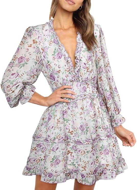 Dokotoo Womens Deep V Neck Ruffle Floral Print Mini Dress