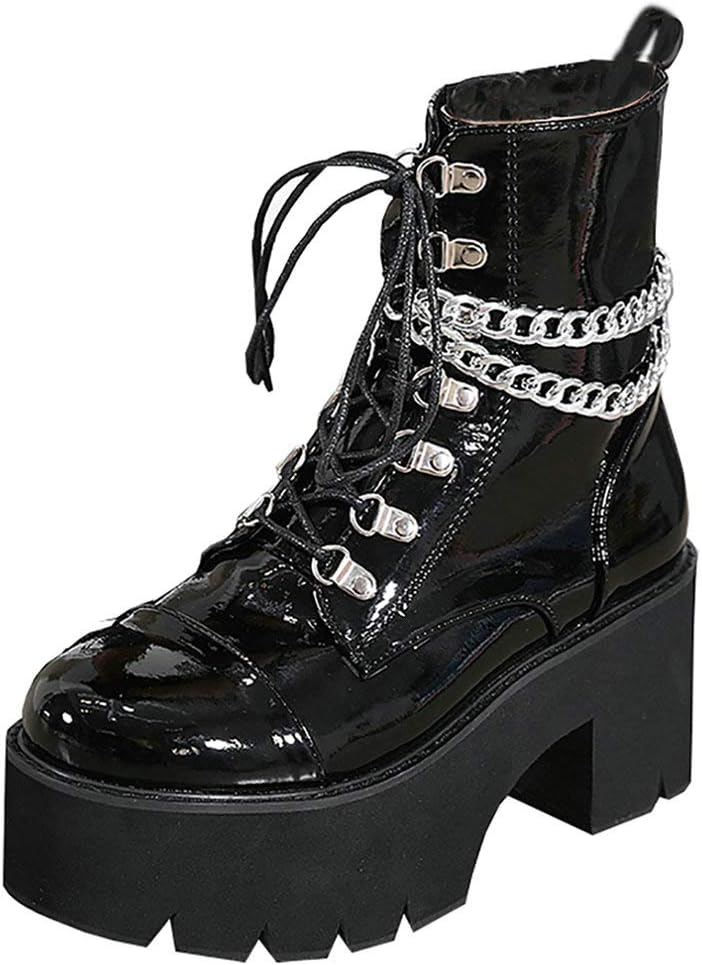 Parisuit Womens Goth Patent Ankle Boots for Punk Style Lovers