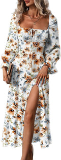 Womens Casual Square Neck Floral Midi Dress - Boho Side Split