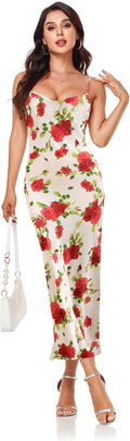 Women's Spaghetti Strap Midi Satin Silk Dress - Backless Cowl Neck
