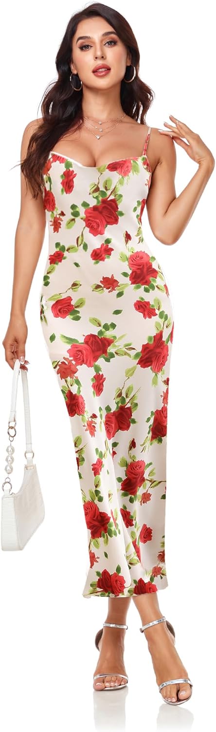 Elegant Women's Spaghetti Strap Midi Satin Silk Dress for Parties